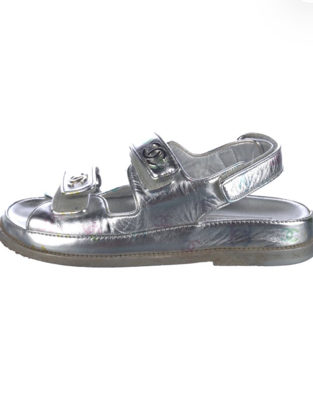CHANEL silver colorful print CC Buckle Slingback Sandals
